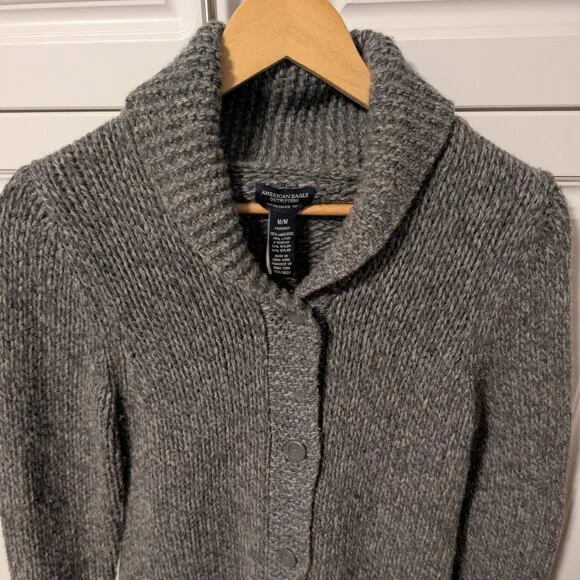 Gray Marled Wool Blend Cardigan Shawl Collar American Eagle | M Minimalist Cozy - Picture 3 of 11